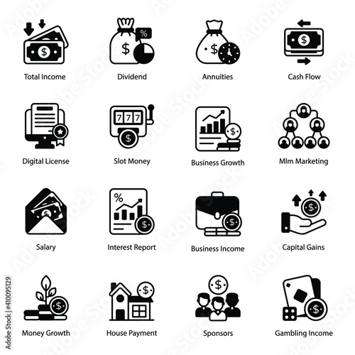
Pack of Income and Business Growth Glyph Icons 

