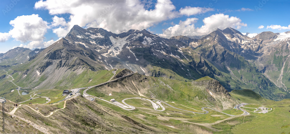 Panoramic view of serpentine high alpine road on Grossglockner mounain from Edelweissspitze in Austria