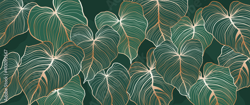 Gold pattern background vector. Monstera and tropical palm leaves line arts design wallpaper for canvas prints, fabric, wall arts for home decoration, website background. luxury  invitations.