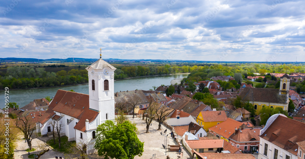Szentendre, aerial view in summer.
Hungarian beautiful city next to the Danube River. 