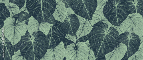 Luxury nature leaves background vector. Floral pattern, Tropical leaf with line arts, jungle plants, Exotic pattern with palm leaves. Vector illustration. photo