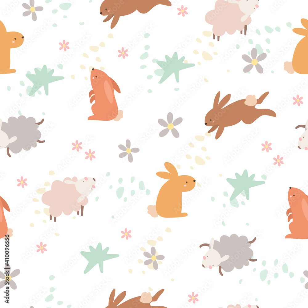 Pattern cute doodle hares. Minimalistic animal pattern. Scandinavian style