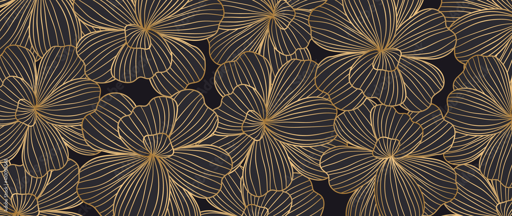 Luxury elegant gold orchids floral line arts pattern and black background. Topical flower wallpaper design, Fabric, surface design. Vector illustration.