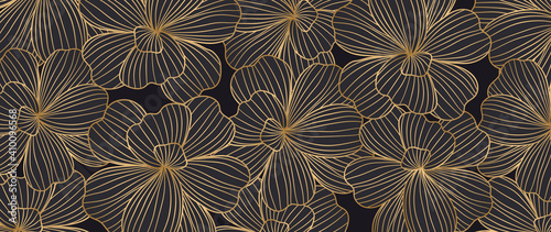 Luxury elegant gold orchids floral line arts pattern and black background. Topical flower wallpaper design, Fabric, surface design. Vector illustration.