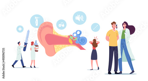 Ear Pain, Tinnitus, Otitis, Concept. Tiny Male and Female Characters Doctors and Patients at Huge Human Ear Anatomy View