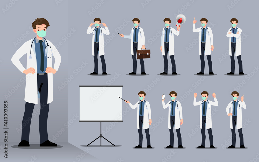 Flat design concept of the doctor with different poses such as explaining and presenting process gestures, actions and poses. Vector cartoon character design set.