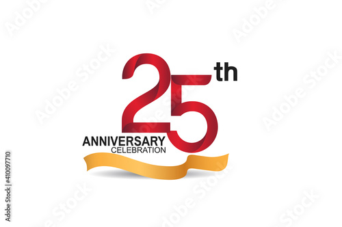 25 anniversary design logotype red color and golden ribbon for celebration isolated on white background can be use for invitation, greeting card, and special event