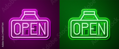 Glowing neon line Hanging sign with text Open door icon isolated on purple and green background. Vector.