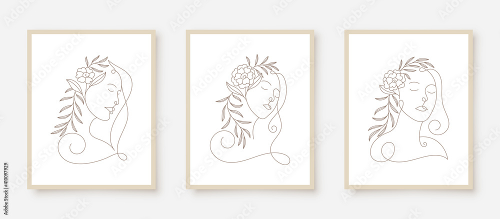 beauty woman faces in line art floral frame beauty woman faces in line art floral frame
