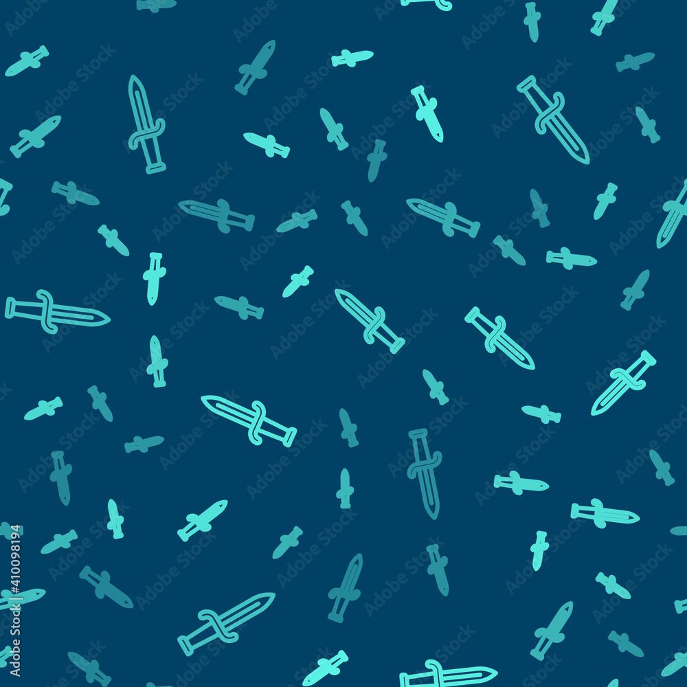 Green line Dagger icon isolated seamless pattern on blue background. Knife icon. Sword with sharp blade. Vector.