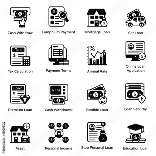 
Pack of Finance and Loans Glyph Icons 
