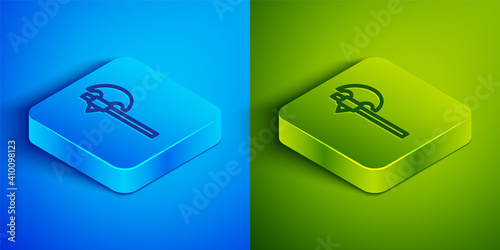 Isometric line Medieval axe icon isolated on blue and green background. Battle axe, executioner axe. Medieval weapon. Square button. Vector.