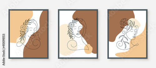 beauty woman faces in line art floral frame