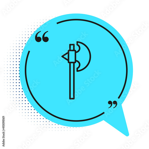 Black line Medieval axe icon isolated on white background. Battle axe, executioner axe. Medieval weapon. Blue speech bubble symbol. Vector.