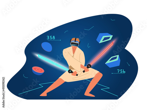 VR Workout And Gaming Concept Vector Illustration. Man In VR Headset In Samurai Kimono With Lightsaber Cuts Abstract Objects And Gains Scores.