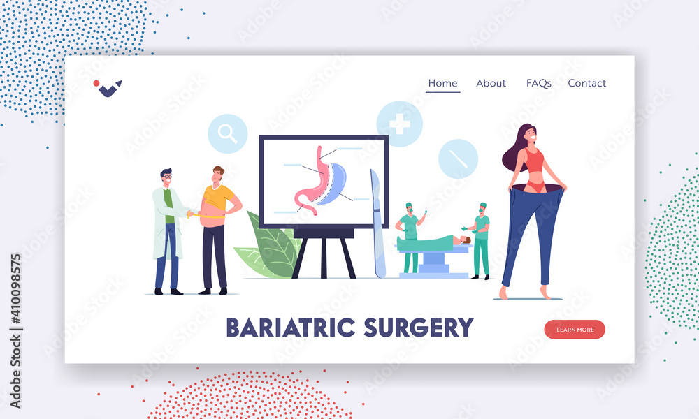 Bariatric Surgery Stomach Reduction Landing Page Template. Overweight Patient Character with Weight Problem Visit Clinic