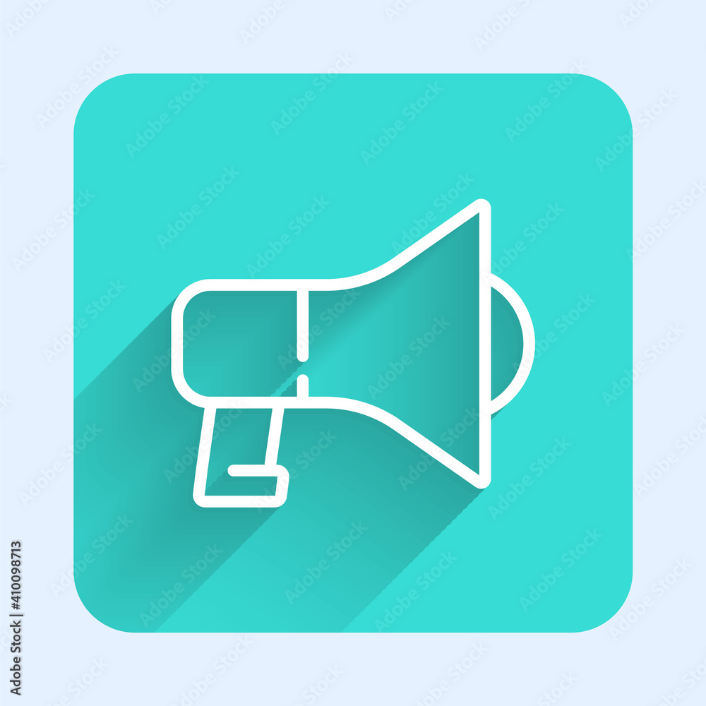 White line Megaphone icon isolated with long shadow. Speaker sign. Green square button. Vector. White line Megaphone icon isolated with long shadow. Speaker sign. Green square button. Vector.
