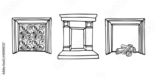 Hand drawn retro fireplaces set. Vector illustration. Isolated on white background