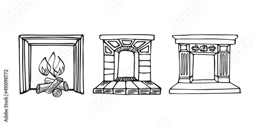 Hand drawn retro fireplaces set. Vector illustration. Isolated on white background