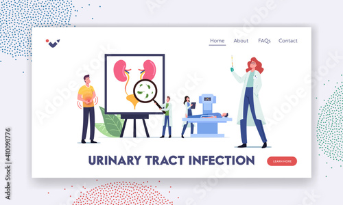 Urinary Tract Infection, UTI Landing Page Template. Tiny Doctors and Patient Characters at Huge Anatomical Poster