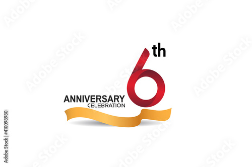 6 anniversary design logotype red color and golden ribbon for celebration isolated on white background can be use for invitation, greeting card, and special event