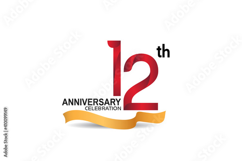 12 anniversary design logotype red color and golden ribbon for celebration isolated on white background can be use for invitation, greeting card, and special event