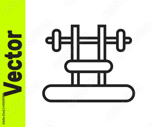 Black line Bench with barbel icon isolated on white background. Gym equipment. Bodybuilding, powerlifting, fitness concept. Vector.