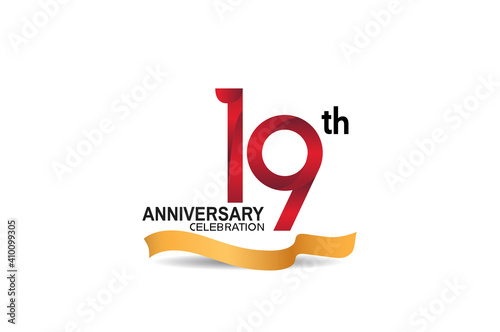 19 anniversary design logotype red color and golden ribbon for celebration isolated on white background can be use for invitation, greeting card, and special event