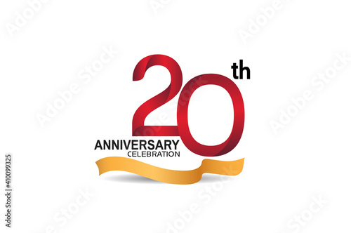 20 anniversary design logotype red color and golden ribbon for celebration isolated on white background can be use for invitation, greeting card, and special event