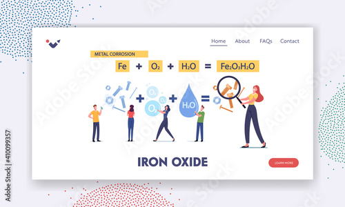 Metal Corrosion Landing Page Template. Tiny Characters at Huge Formula of Chemical Reaction of Rust. Oxide Rusty Coating