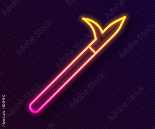Glowing neon line Metal pike pole with wooden handle icon isolated on black background. Spear, pickaxe, hook hand extinguishing instrument and tool for fireman. Vector.