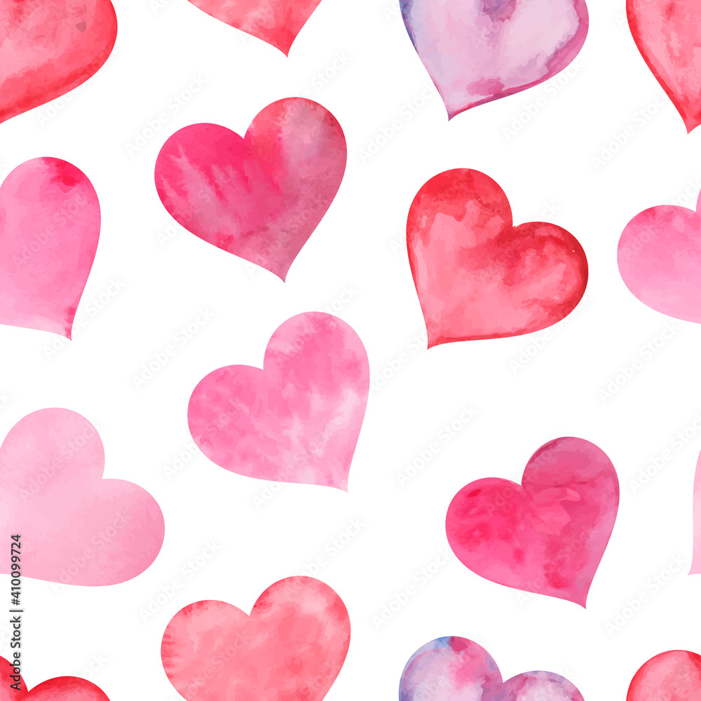 Pink watercolor painted hearts seamless pattern. Color background for valentines day. Vector