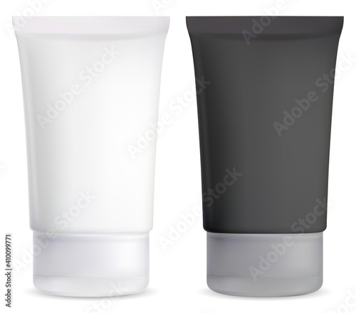 Cosmetic cream tube mockup. Black and white plasic package blank. Cosmetic product bottle, body gel. Ointment squeeze tube, charcoal blackhead remover masque. Sunscreen face care