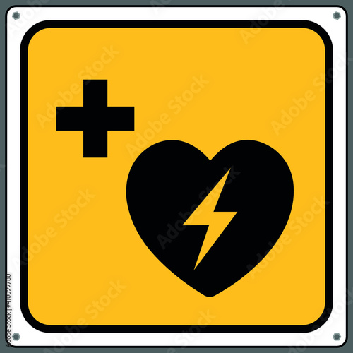 Storage Automatic external defibrillator.,Caution sign