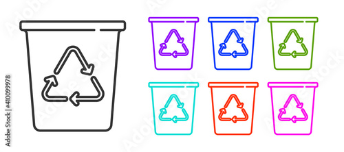 Black line Recycle bin with recycle symbol icon isolated on white background. Trash can icon. Garbage bin sign. Recycle basket sign. Set icons colorful. Vector.