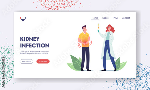 Urology System Sickness, Inflammation Landing Page Template. Diseased Male Patient Character Visiting Urologist Doctor