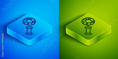 Isometric line DNA research, search icon isolated on blue and green background. Magnifying glass and dna chain. Genetic engineering, cloning, paternity testing. Square button. Vector.