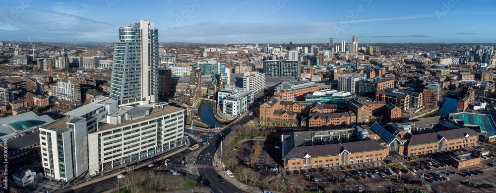 Leeds City Centre aerial photograph looking towards Bridgewater Place showing offices, apartments, train station, hotels, retail and financial buildings in West Yorkshire