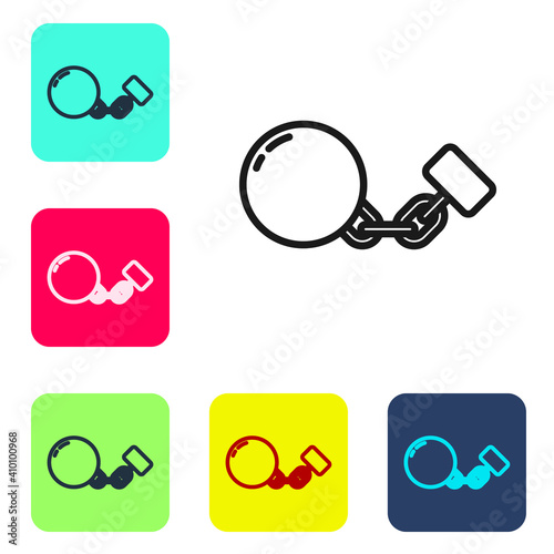 Black line Ball on chain icon isolated on white background. Set icons in color square buttons. Vector.
