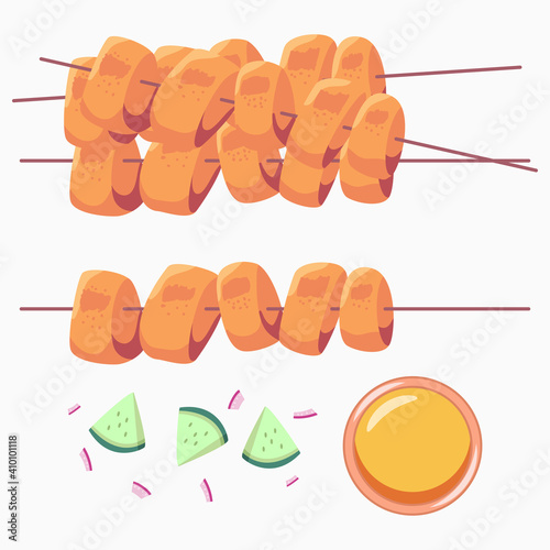 Chicken Satay with sauce vector cartoon illustration isolated on a white background.