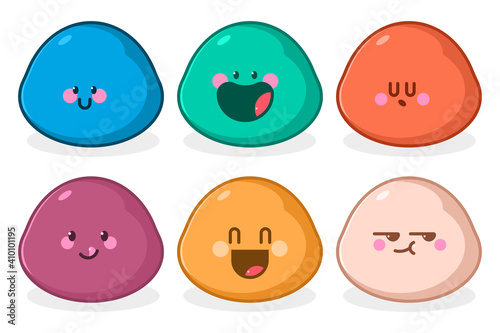 Cute mochi vector cartoon characters set isolated on a white background.