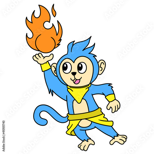 The powerful blue furry monkey emits fire energy, doodle icon image kawaii