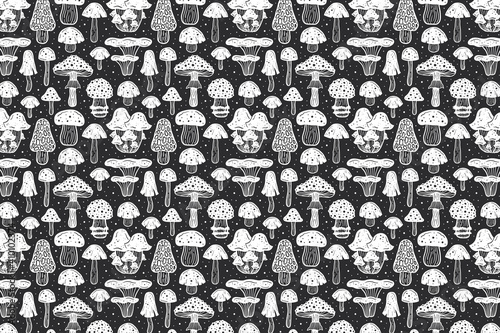 Forest mushrooms. Pattern, texture, background. Packaging design. Ink vector. Botanic, nature.