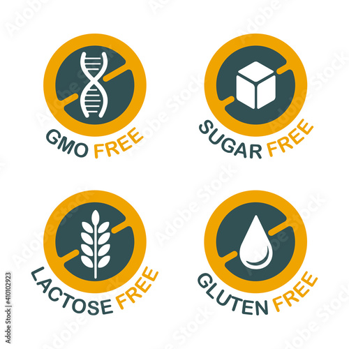 Lactose, Gluten, GMO, Sugar free flat pictograms