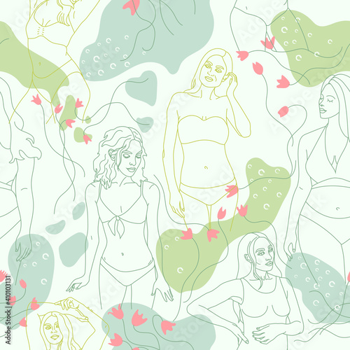 Body positive seamless pattern with womans, flowers. Trendy flat illustration