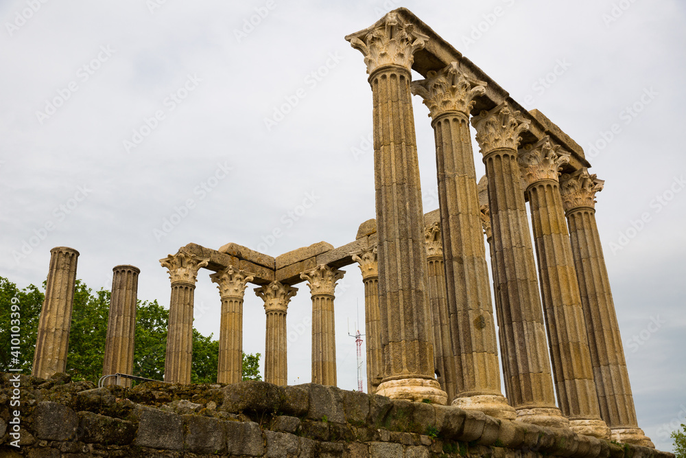 View of remnants of Temple of Diana in centre of historic Portuguese city of Evora