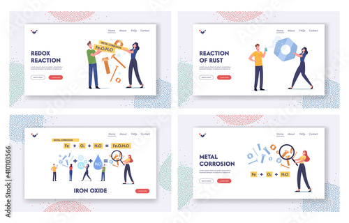 Metal Corrosion Landing Page Template Set. Characters at Formula of Chemical Reaction of Rust. Oxide Rusty Coating