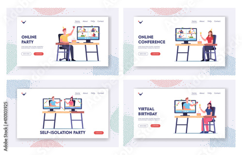 Virtual Birthday Home Party Landing Page Template Set. Characters Holding Wineglasses with Alcohol Celebrate Holiday