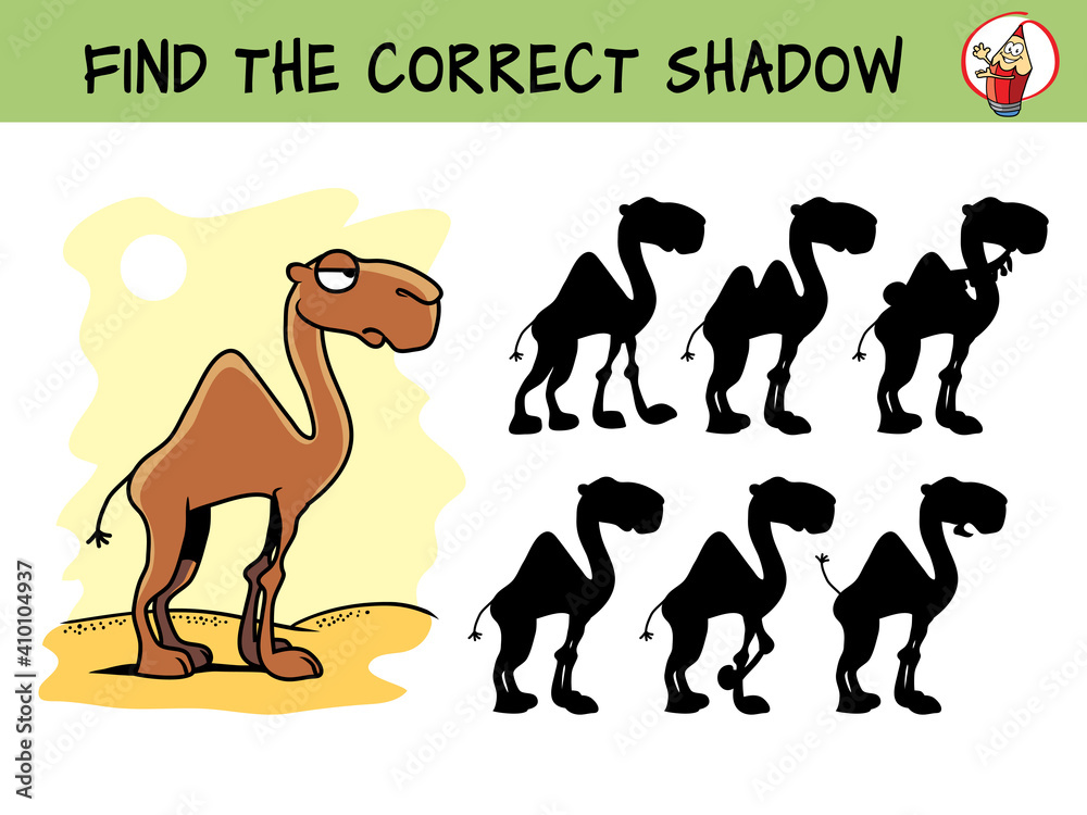 Camel. Find the correct shadow. Educational matching game for children. Cartoon vector illustration