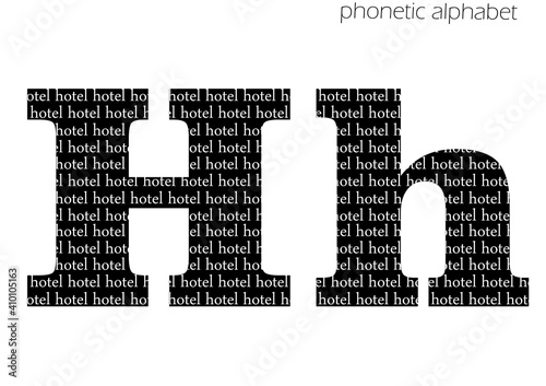 H (hotel) 3d illustration phonetic alphabet design for decoration in black and white
